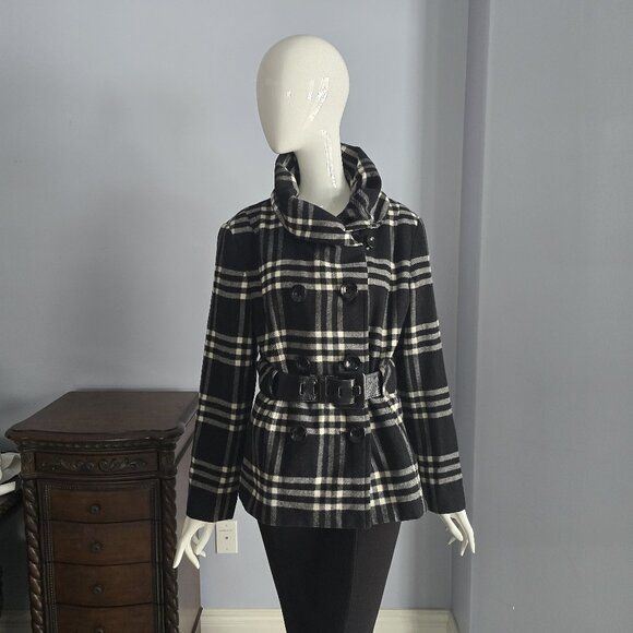 Giacca Black and White Belted Jacket - Funnel Collar Peacoat - Picture 1 of 5